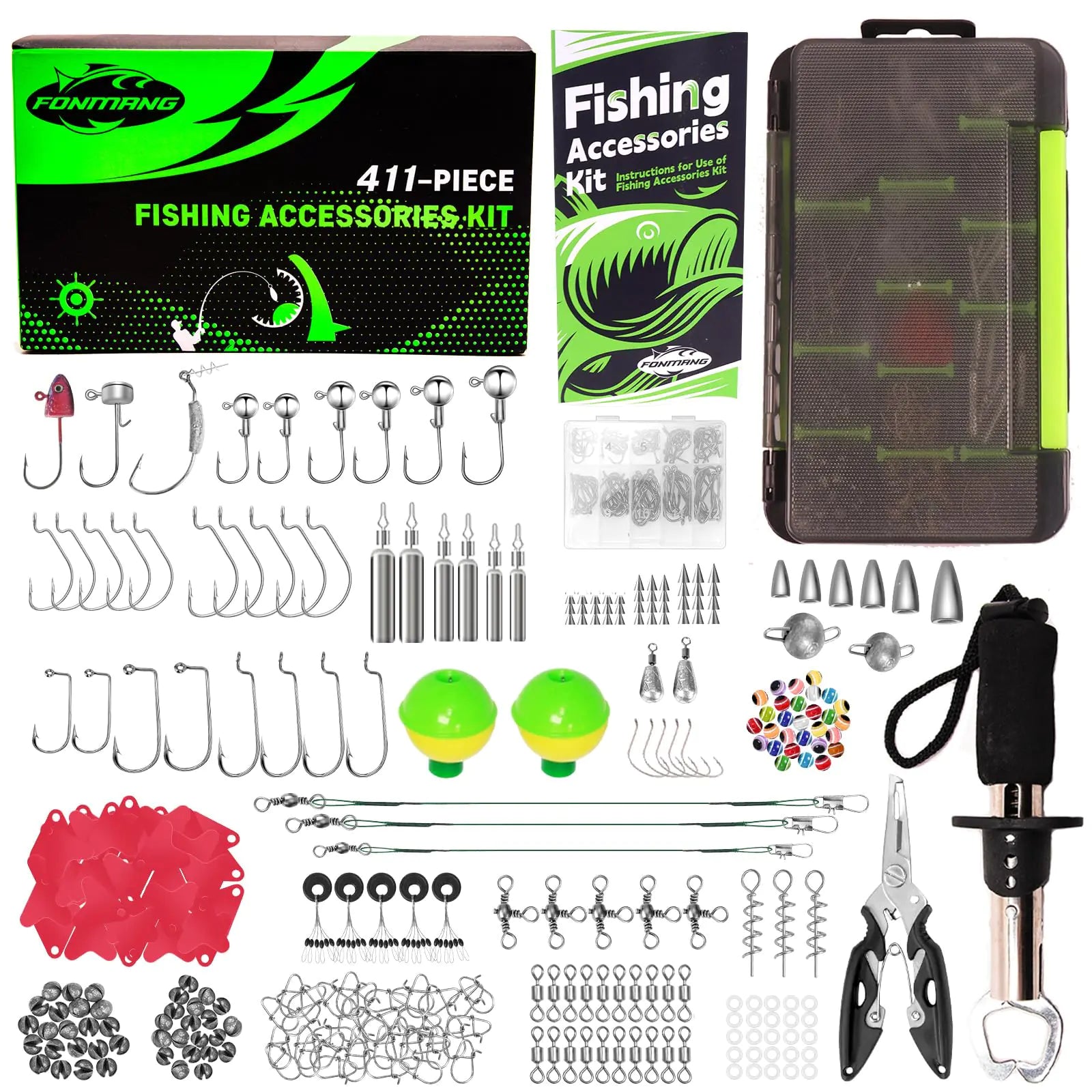 411-Piece Fishing Gear Accessories Kit [2025 New] Tackle Box with Pliers Fish Lip GripsTackle Storage Trays Hooks Weights Jig Heads Swivels 21 Pre-Made Rigs – Fishing Gear for Lures Fishing