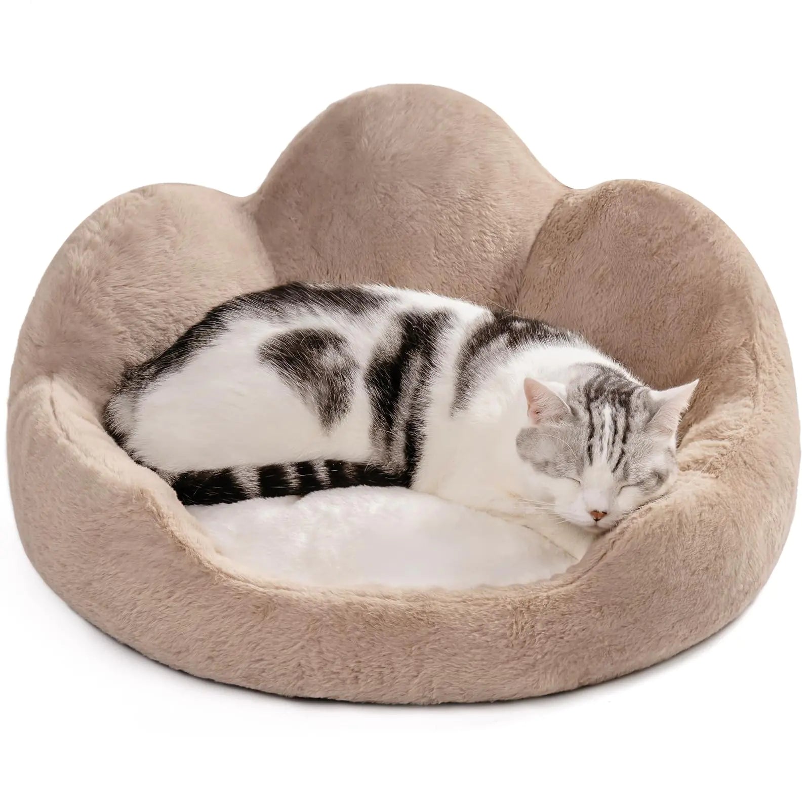 MEWOOFUN Cat Beds for Indoor Cats Cozy Cute Cat Couch Bed Washable Round Fluffy Small Dog Beds with Anti-Slip Bottom Puppy Bed for Small Animals (Khaki 23")